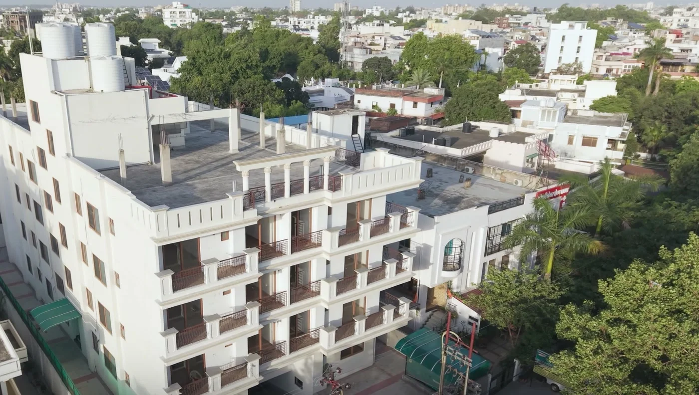 Yashdeep Apartments from the air, showing balconies on every floor