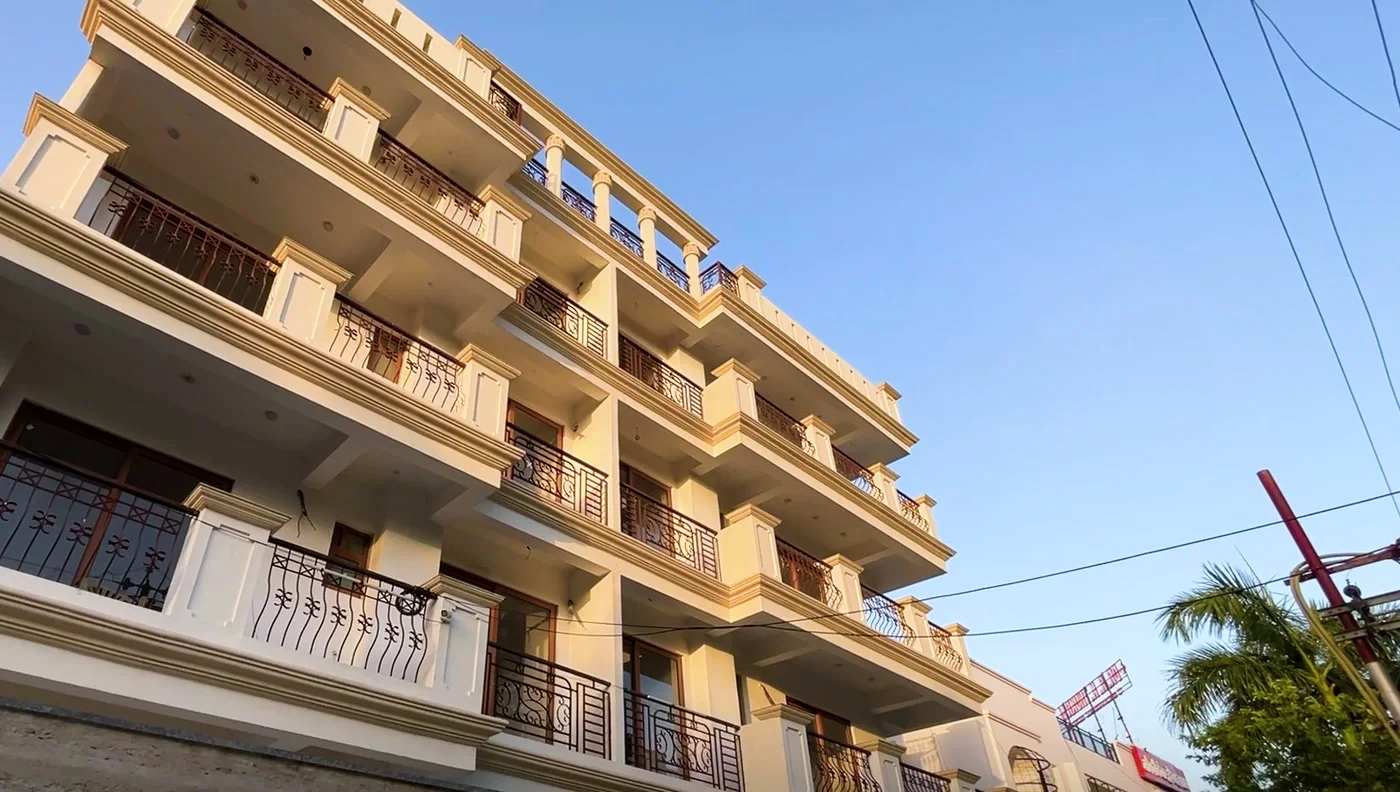 The front elevation with balconies on every floor