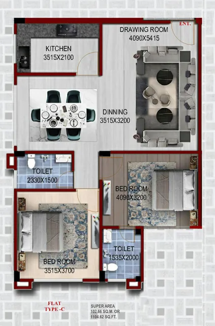 2 BHK floor plan, 1104.62 sq ft — two bedrooms, two bathrooms
