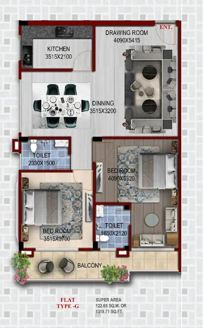 2 BHK floor plan, 1319.72 sq ft — two bedrooms, two bathrooms, balcony