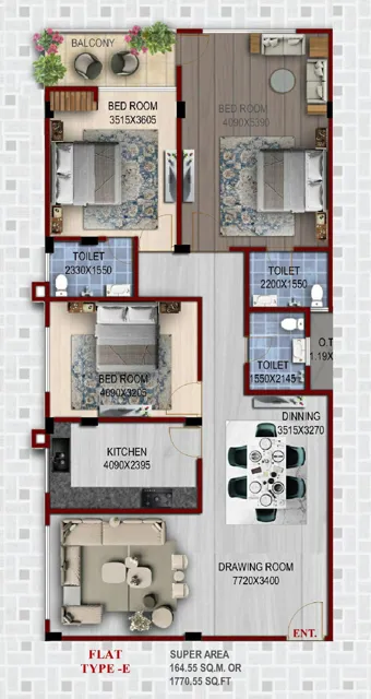 3 BHK floor plan, 1770.56 sq ft — three bedrooms, three bathrooms, balcony