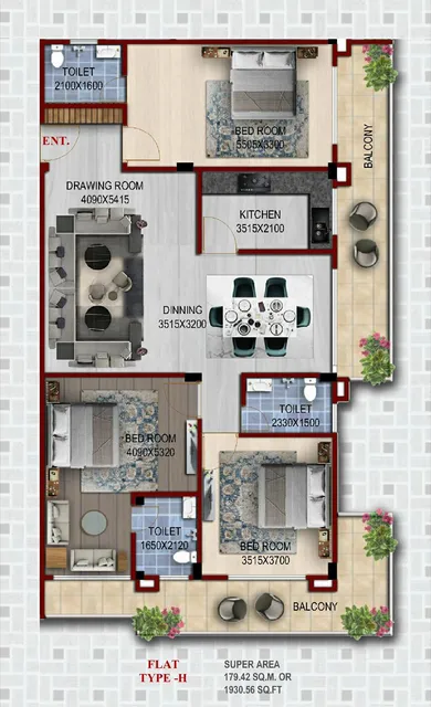 3 BHK floor plan, 1930.63 sq ft — three bedrooms, three bathrooms, two balconies