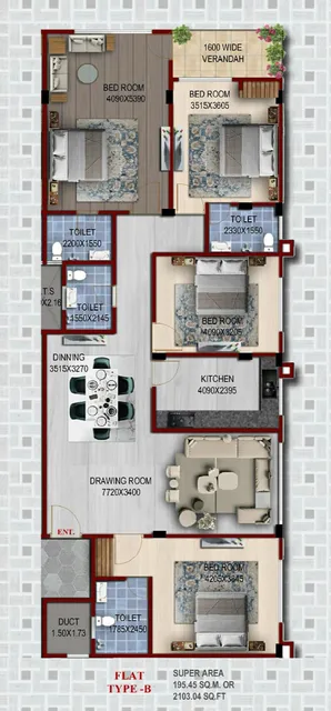 4 BHK ground floor plan, 2103 sq ft — four bedrooms, four bathrooms, verandah