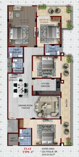 4 BHK upper floor plan, 2440.37 sq ft — four bedrooms, four bathrooms, three balconies