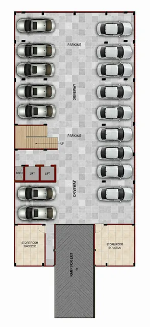 Basement plan showing covered car parking bays, driveway, exit ramp and two store rooms