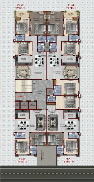 Typical floor plan showing four apartments per floor around a central lift and staircase lobby